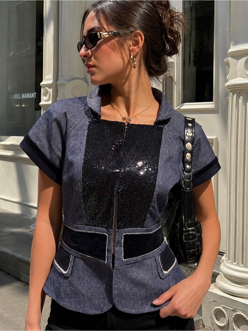 BCBGMAXAZRIA Vintage Sequin Denim Vest Top XS